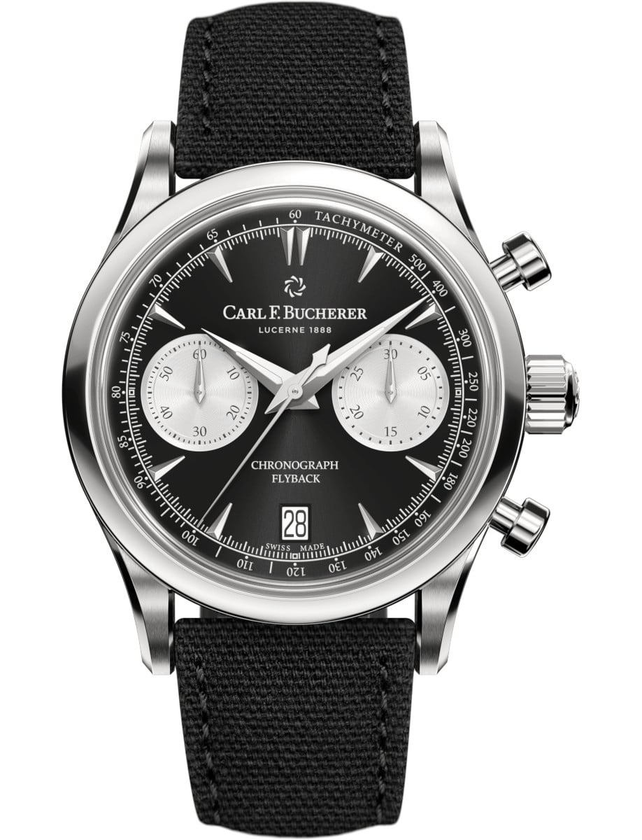 Manero Flyback Chronograph in Steel on Black Textile Strap with Black Dial - Silver Subdials