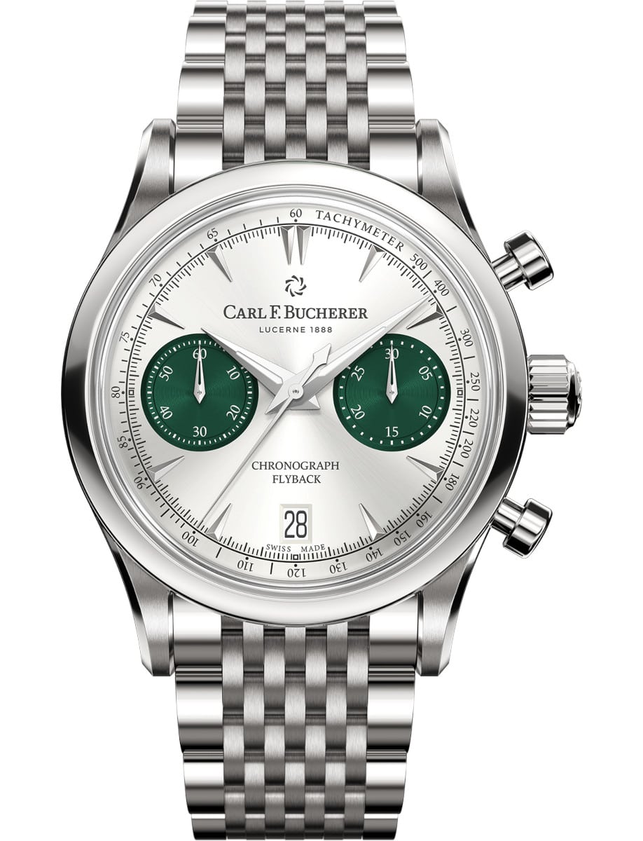 Manero Flyback Chronograph in Steel on Steel Bracelet with Silver Dial - Green Subdials