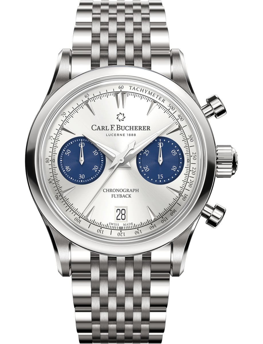 Manero Flyback Chronograph in Steel on Steel Bracelet with Silver Dial - Blue Subdials