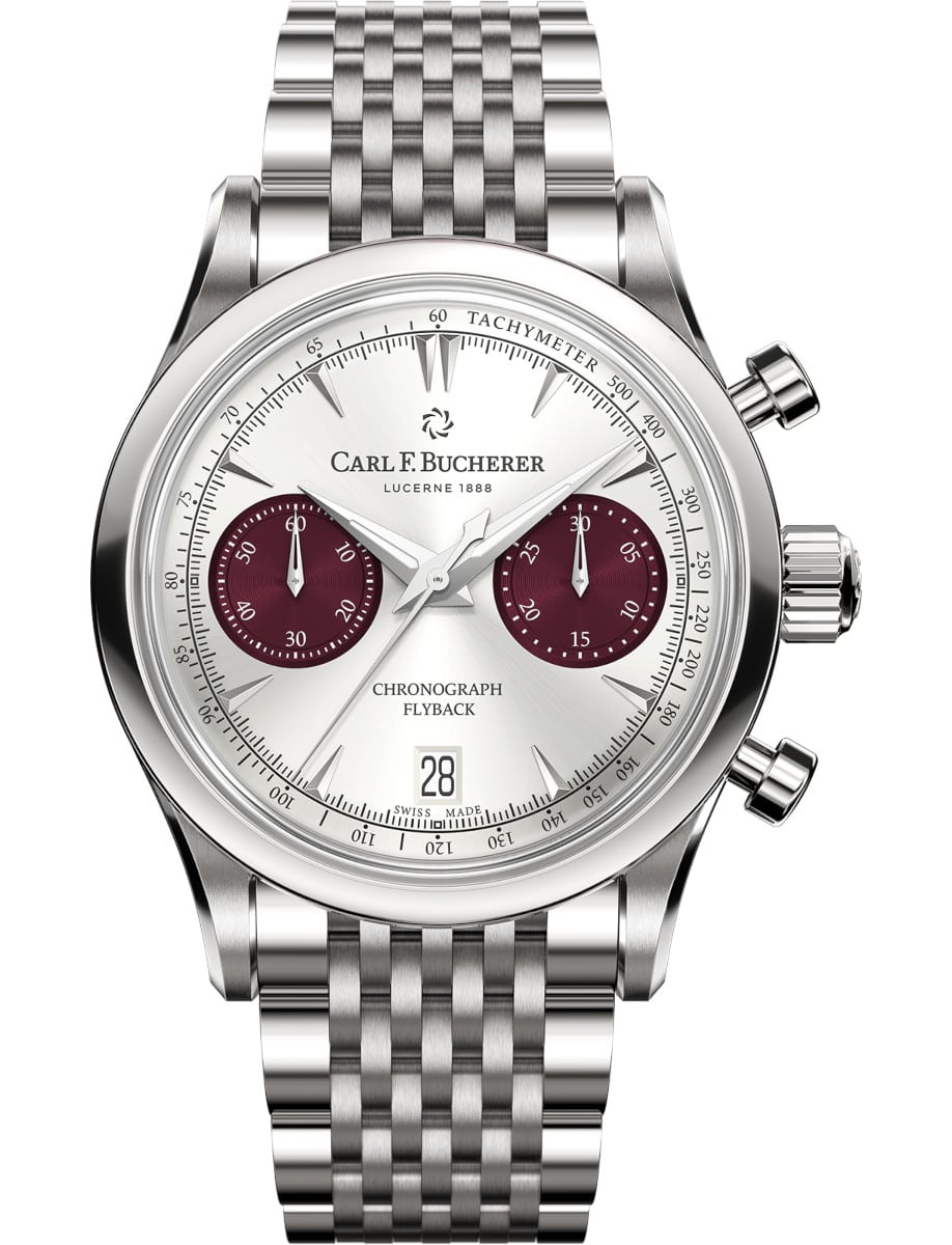 Manero Flyback Chronograph in Steel on Steel Bracelet with Silver Dial - Red Subdials