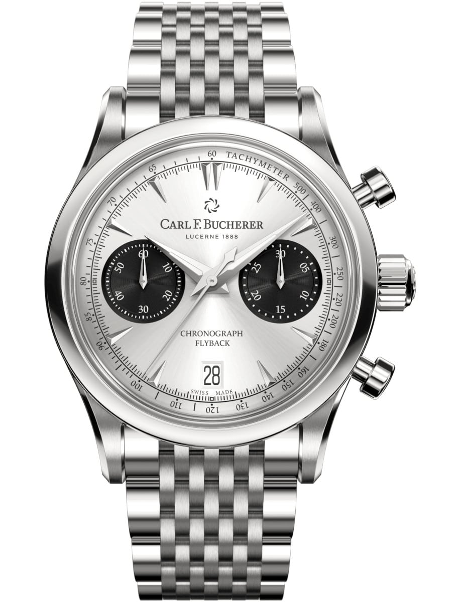 Manero Flyback Chronograph in Steel on Steel Bracelet with Silver Dial - Black Subdials
