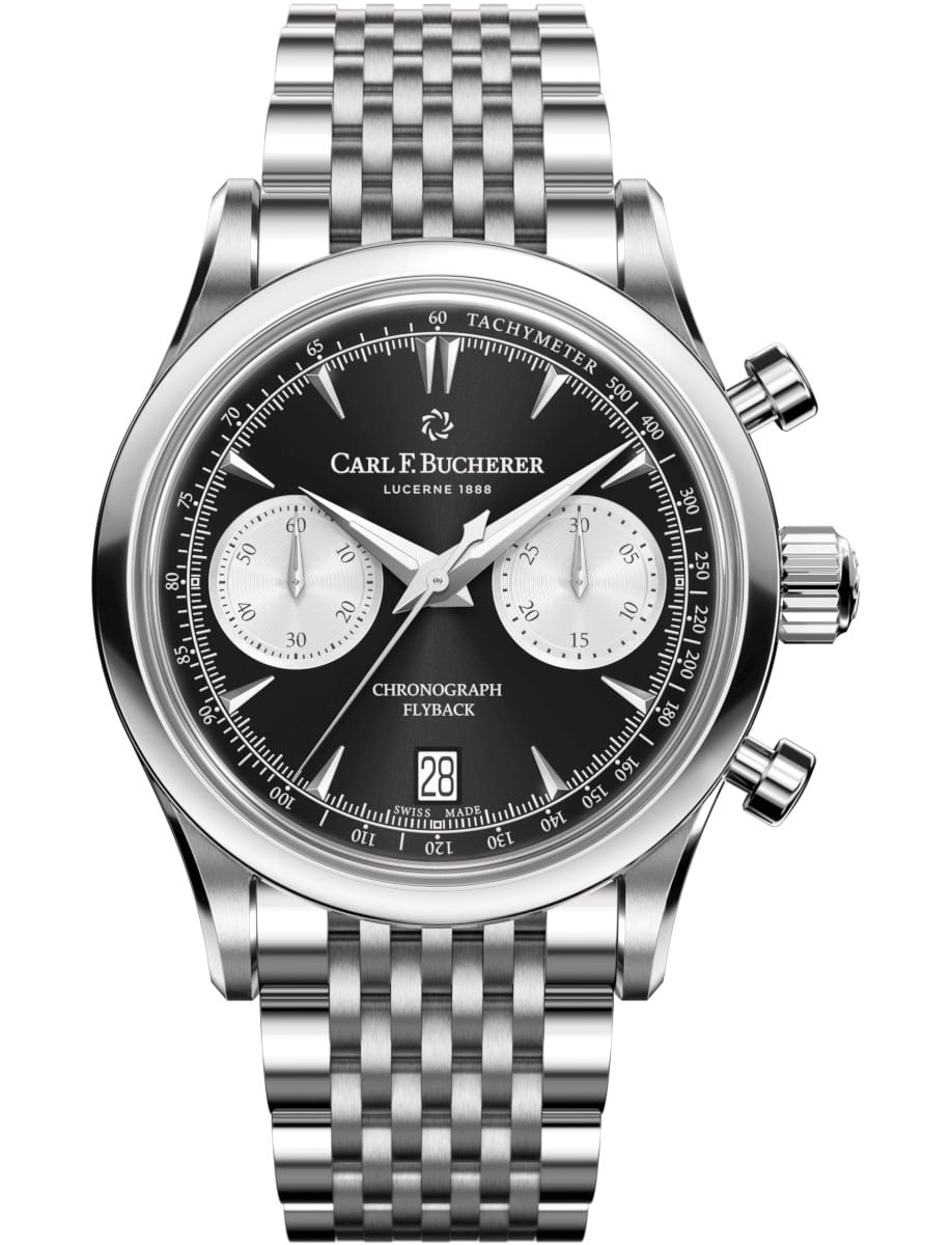 Manero Flyback Chronograph in Steel on Steel Bracelet with Black Dial - Silver Subdials