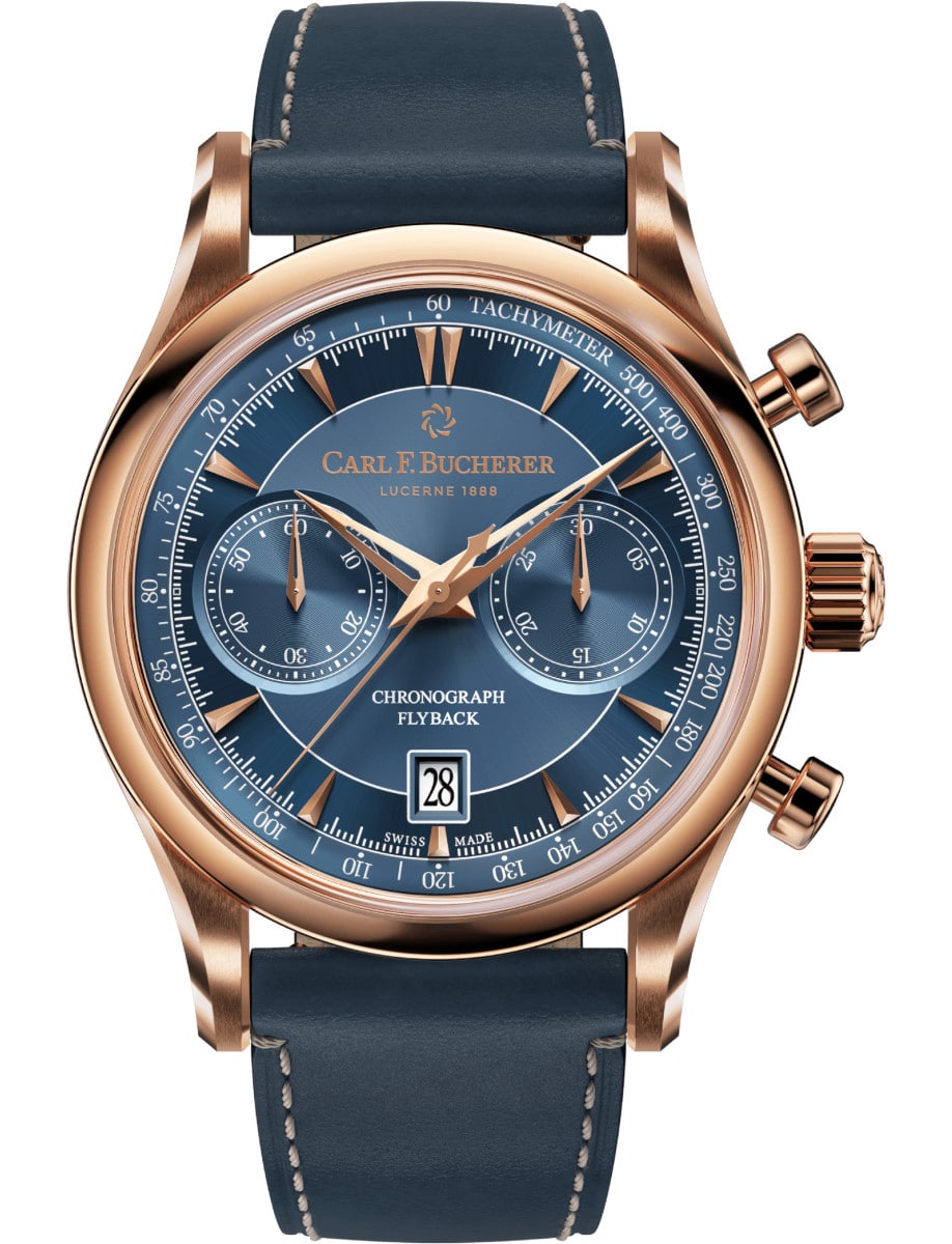 Manero Flyback Chronograph in Rose Gold on Blue Calfskin Leather Strap with Blue Dial