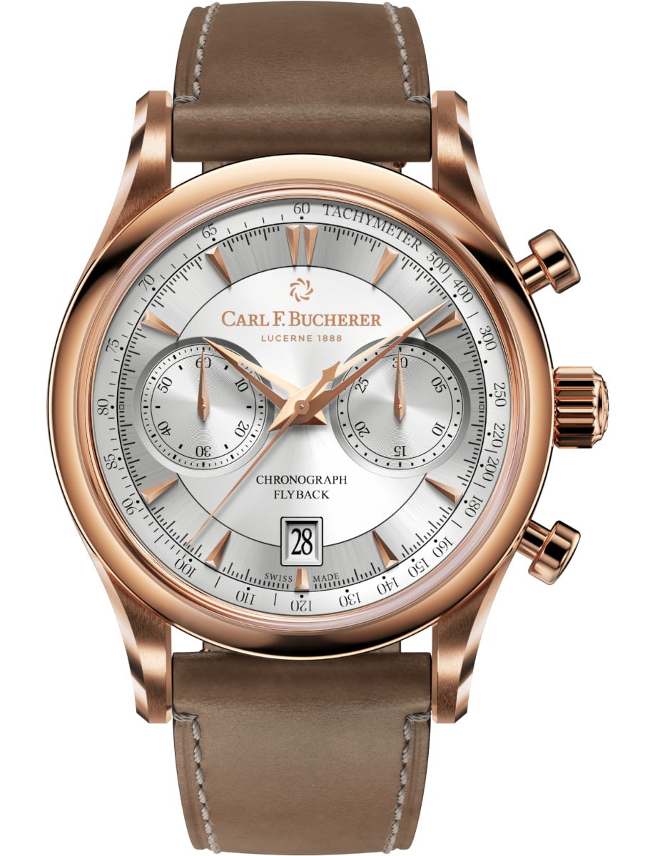 Manero Flyback Chronograph in Rose Gold on Brown Calfskin Leather Strap with Silver Dial