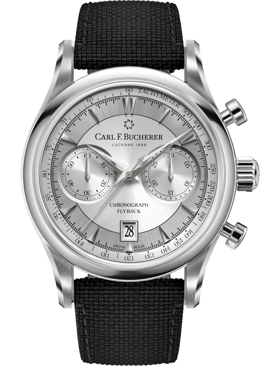 Manero Flyback Chronograph in Steel on Black Textile Strap with Silver Dial