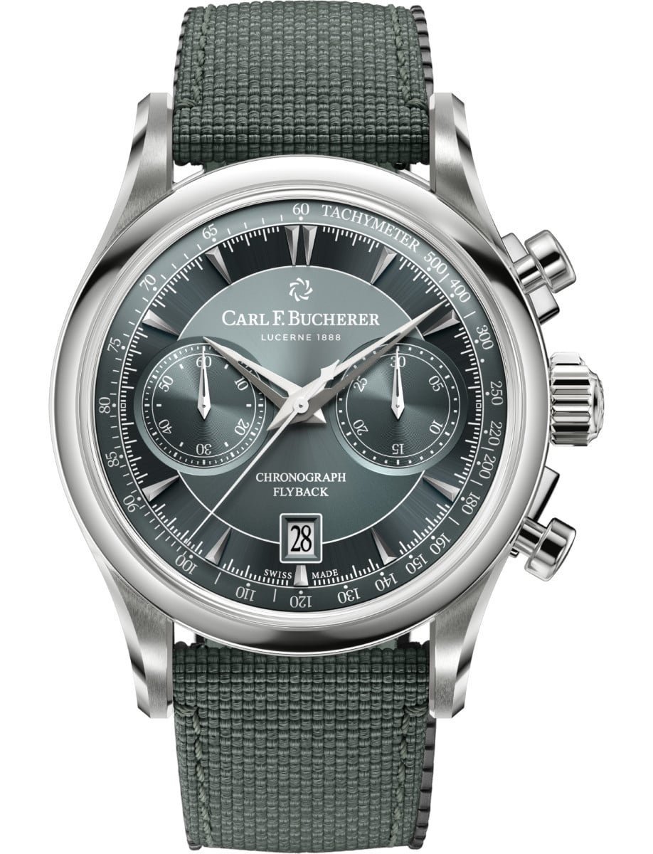 Manero Flyback Chronograph in Steel on Grey Textile Strap with Blue Dial