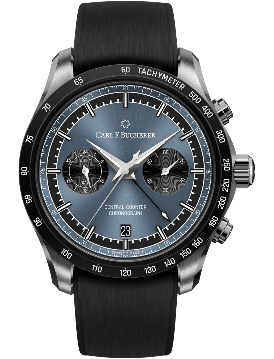 Manero Central Counter 42.5mm in Steel with DLC Coated Bezel on Black Rubber Strap with Blue Dial