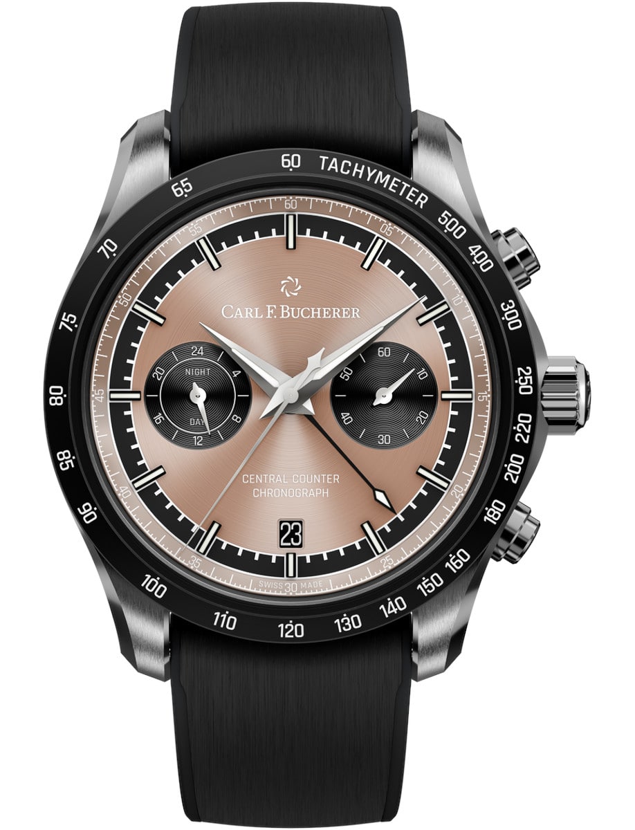 Manero Central Counter 42.5mm in Steel with DLC Coated Bezel on Black Rubber Strap with Salmon Dial
