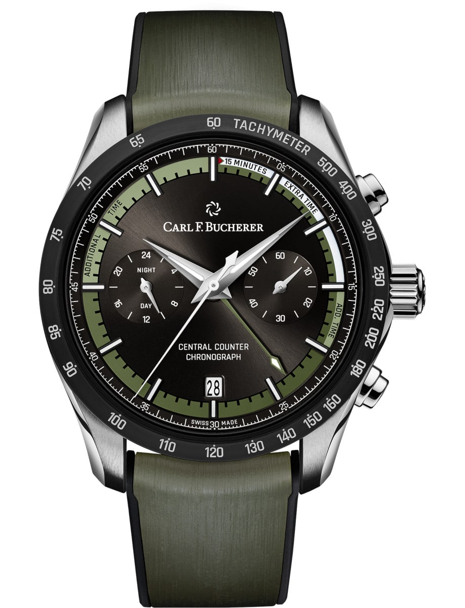 Manero Central Counter 42.5mm in Steel with DLC Coated Bezel on Green Rubber Strap with Black Dial - Limited to 188pcs