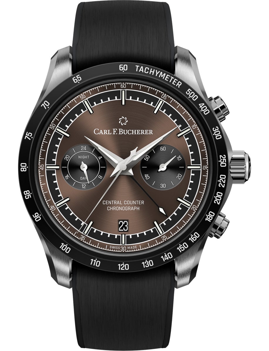 Manero Central Counter 42.5mm in Steel with DLC Coated Bezel on Black Rubber Strap with Brown Dial 