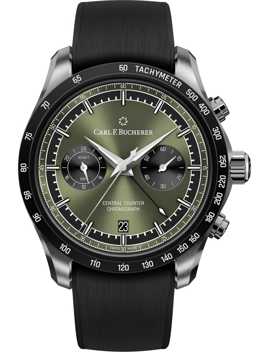 Manero Central Counter 42.5mm in Steel with DLC Coated Bezel on Black Rubber Strap with Green Dial