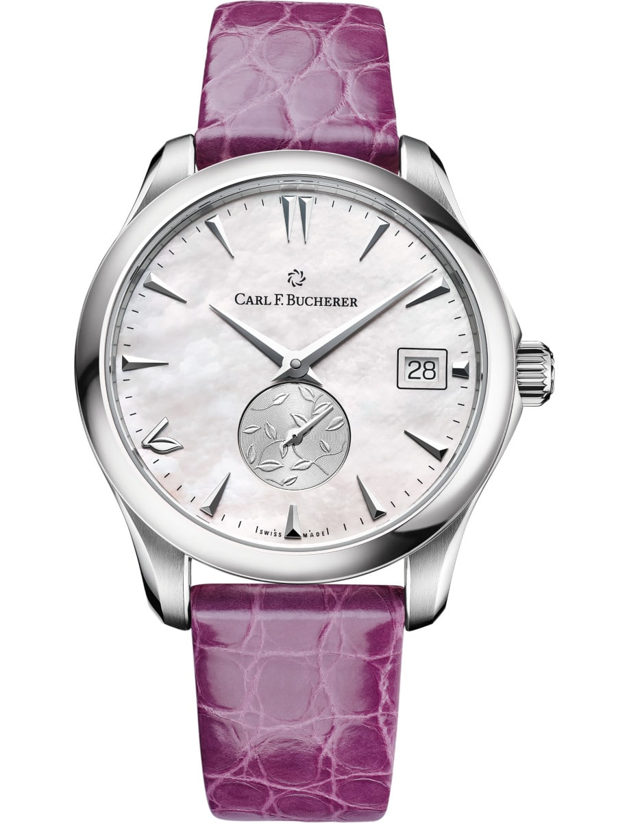 Manero Autodate Love 35.5mm Automatic in Steel on Purple Crocodile Leather Strap with MOP Dial