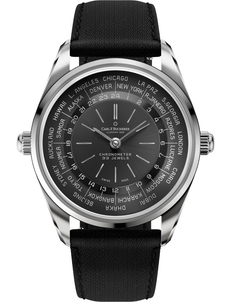 Heritage Worldtimer 39mm in Steel on Black Textile Strap with Black Dial