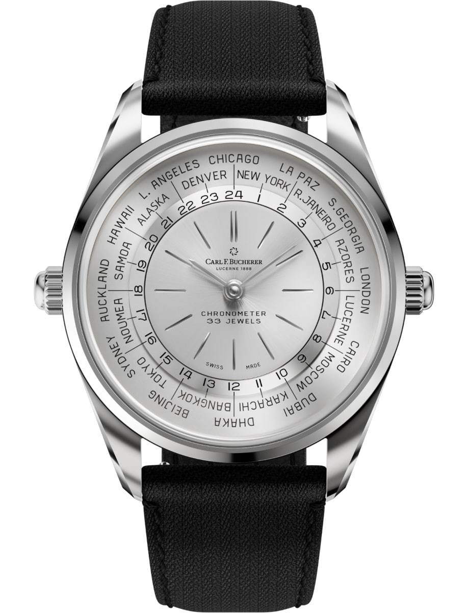 Heritage Worldtimer 39mm in Steel on Black Textile Strap with Silver Dial