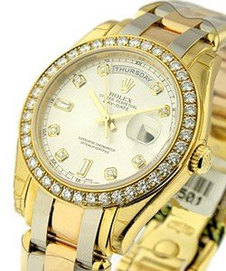 Masterpiece Men's Tridor in Yellow Gold with Diamond Bezel on Tri Color Gold Oyster Bracelet with Silver Diamond Dial