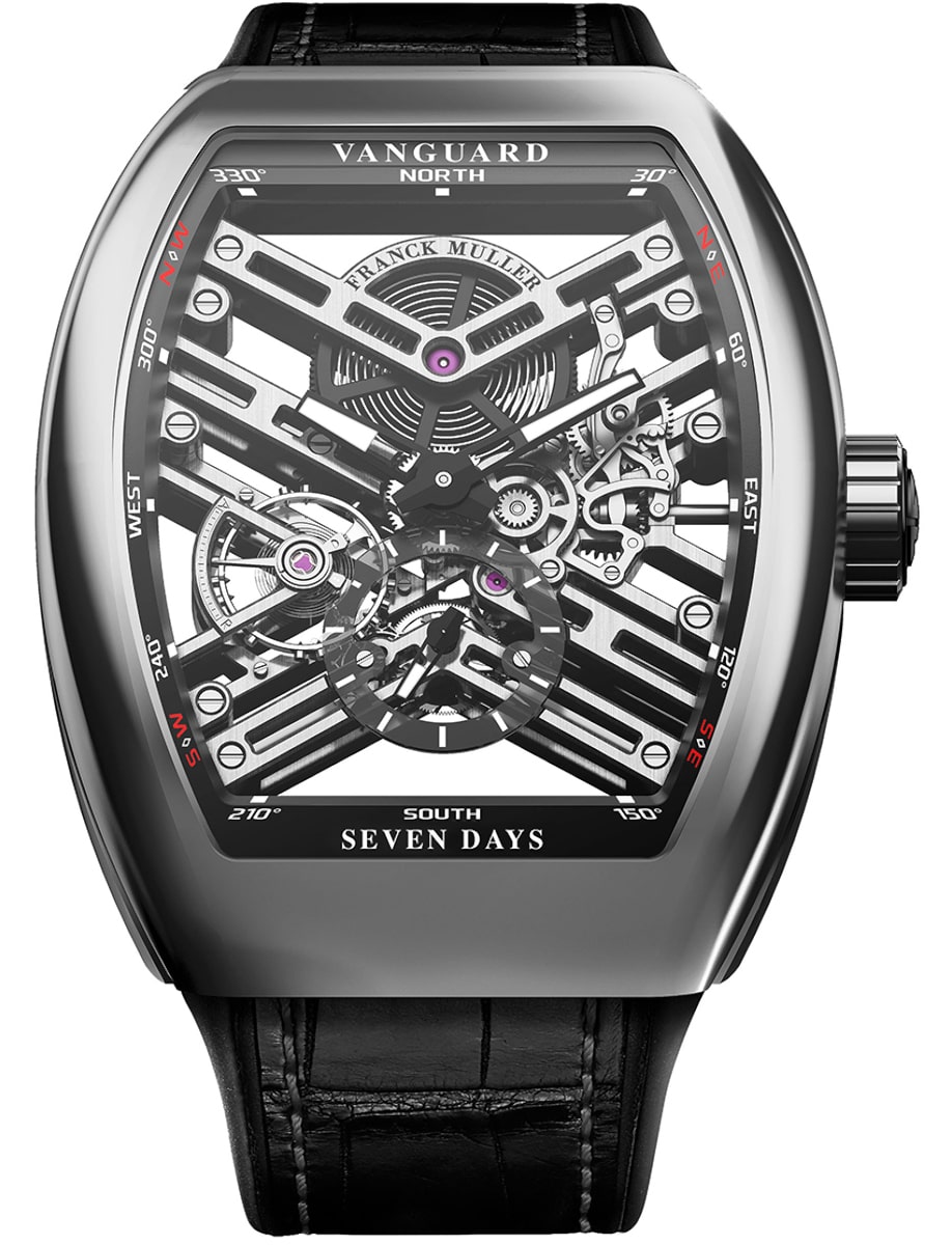 Vanguard 53mm in Steel on Black Alligator Leather Strap with Skeleton Dial