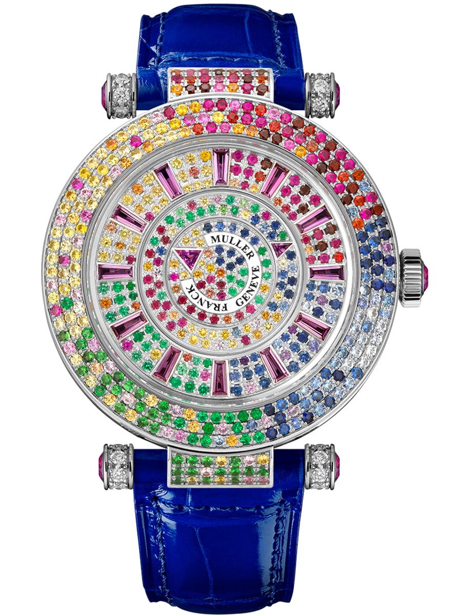 Quatre Saisons Double Mystery 42mm in White Gold with Sapphire Diamond Bezel on Blue Crocodile Leather Strap with Pave Diamond Dial