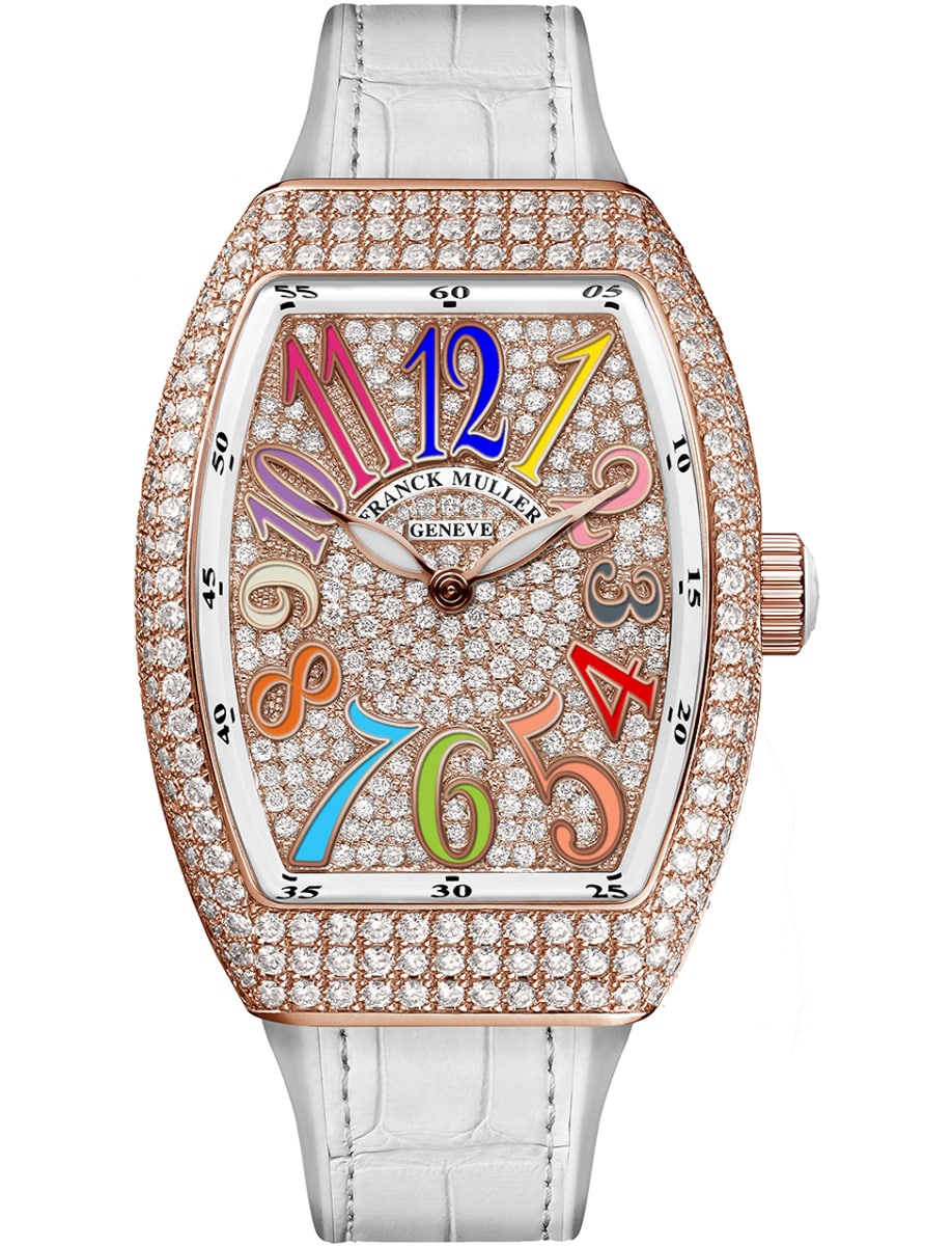 Lady Vanguard 35mm in Rose Gold with Diamond Case on White Alligator Leather Strap with Pave Diamond Dial