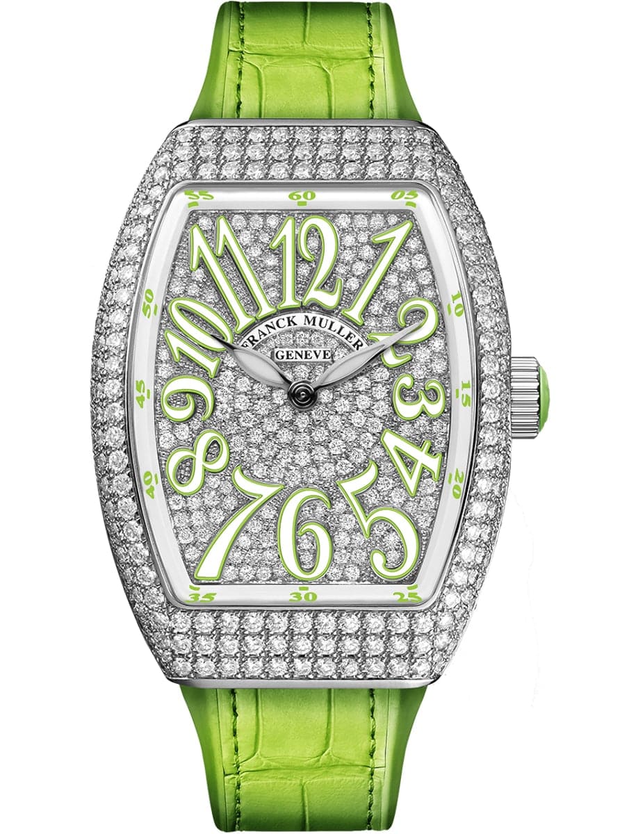 Lady Vanguard 35mm in Steel Gold with Diamond Case on Light Green Leather Strap with Pave Diamond Dial