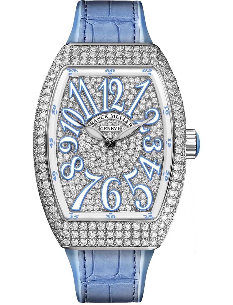 Lady Vanguard 35mm in Steel Gold with Diamond Case on Blue Crocodile Leather Strap with Pave Diamond Dial