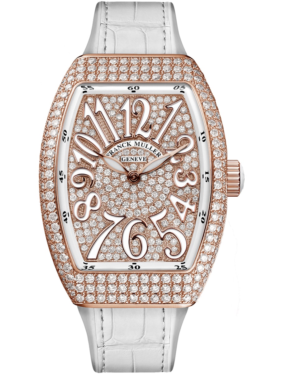 Lady Vanguard 35mm in Rose Gold with Diamond Case on White Alligator Leather Strap with Pave Diamond Dial