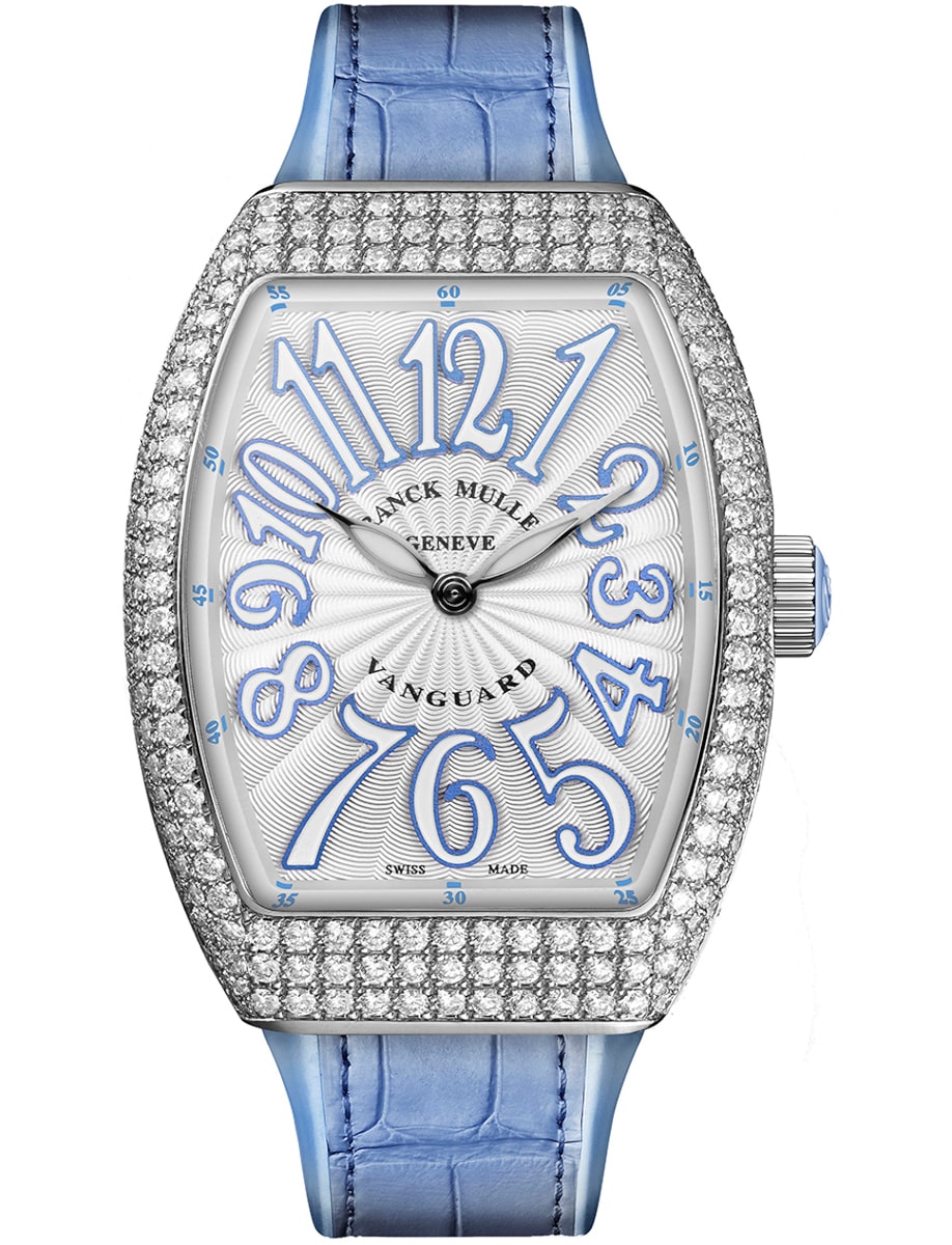 Lady Vanguard 35mm in Steel with Diamond Case on Blue Crocodile Leather Strap with Silver Dial
