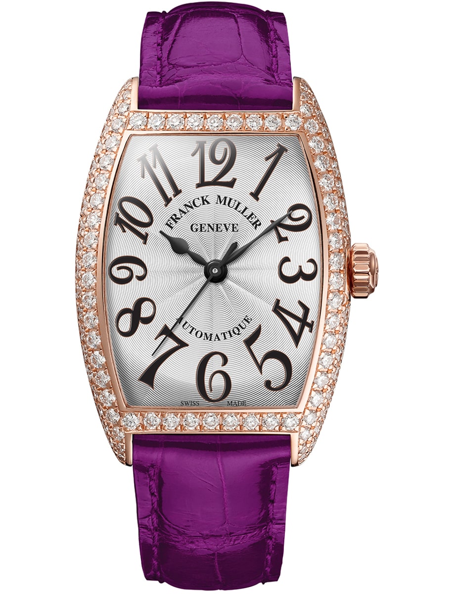 Cintree Curvex 39mm in Rose Gold with Diamond Bezel on Purple Alligator Leather Strap with Silver Dial