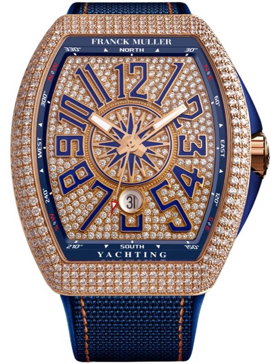 VanGuard Yachting 41mm in Rose Gold with Diamond Case on Blue Textile Strap with Pave Diamond Dial