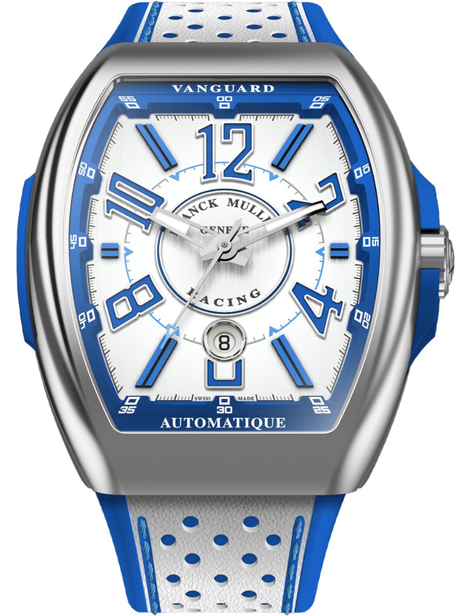 Vanguard Racing 45mm in Steel on White Leather Strap with White Dial - Bue Accents