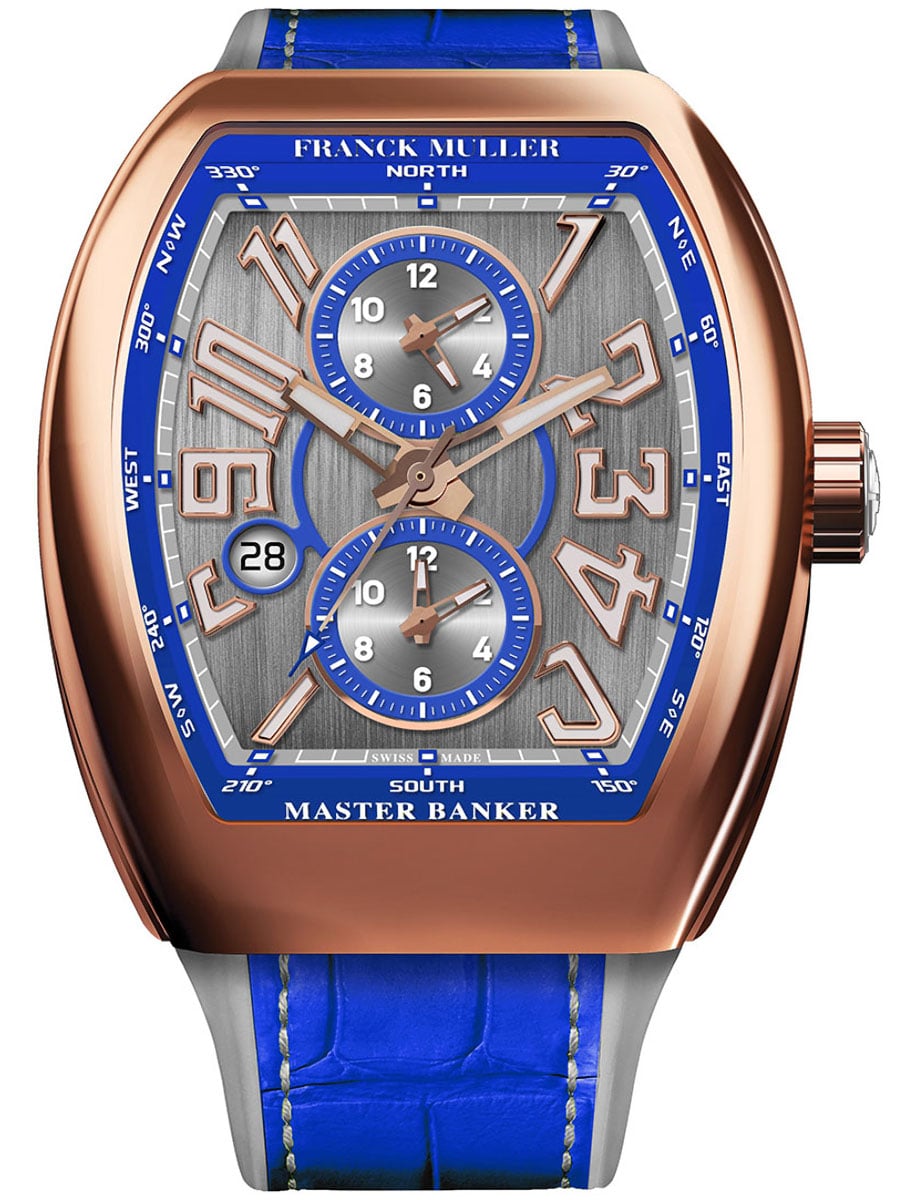Vanguard Master Banker 45mm in Rose Gold on Blue Alligator Leather Strap with Grey Dial