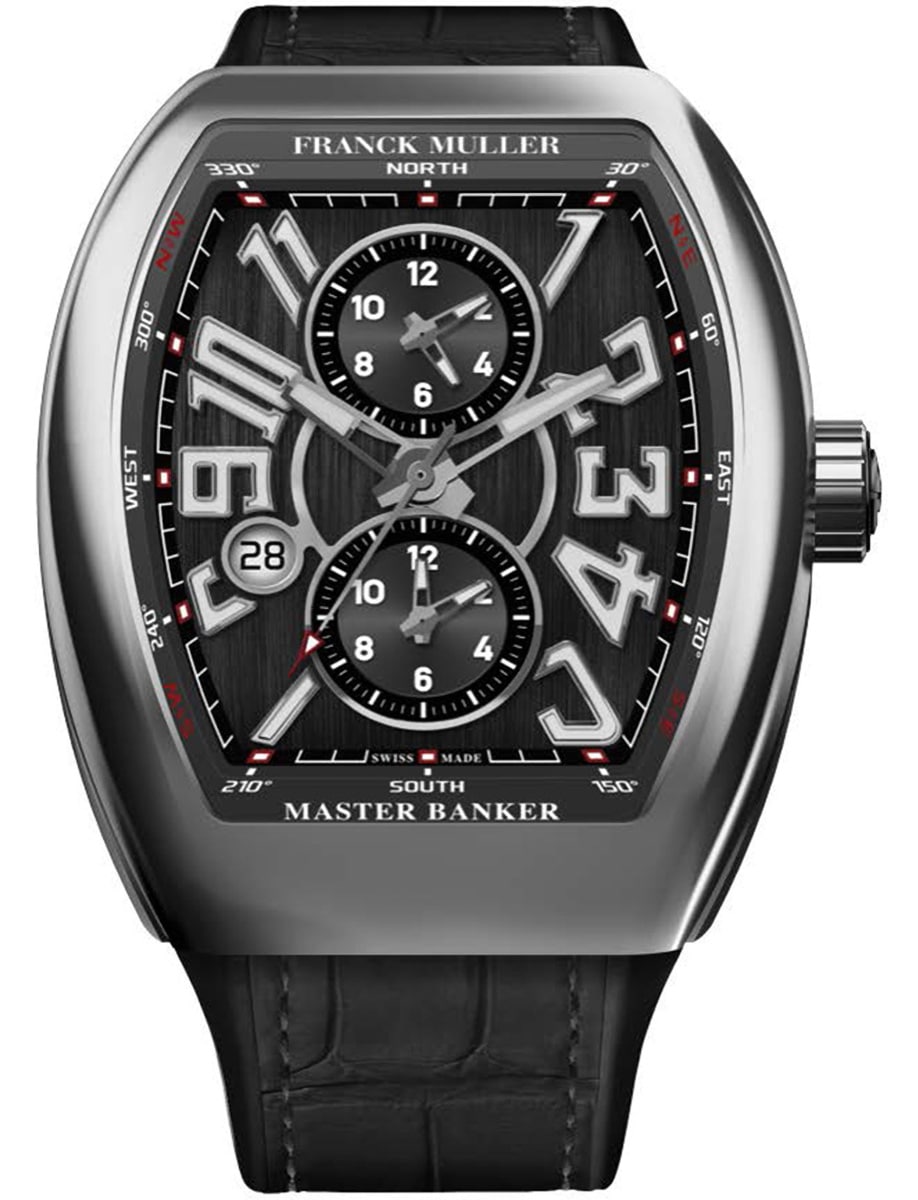 Vanguard Master Banker 45mm in Steel on Black Alligator Leather Strap with Black Dial