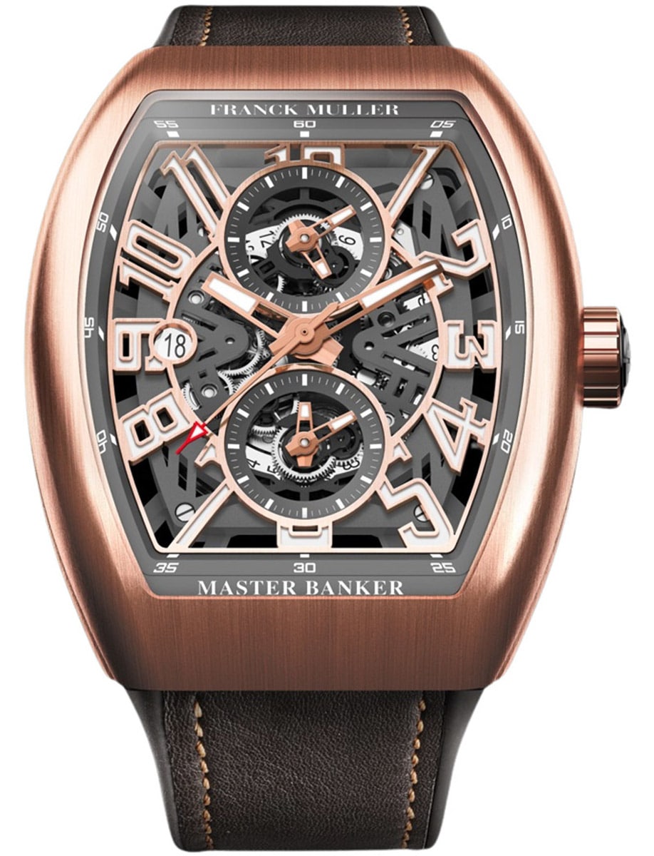 Vanguard Master Banker 45mm in Rose Gold on Brown Alligator Leather Strap with Openworked Dial