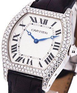 TORTUE in White Gold with 2 - Row Diamond Case on Black Leather Strap with Silver Roman Dial