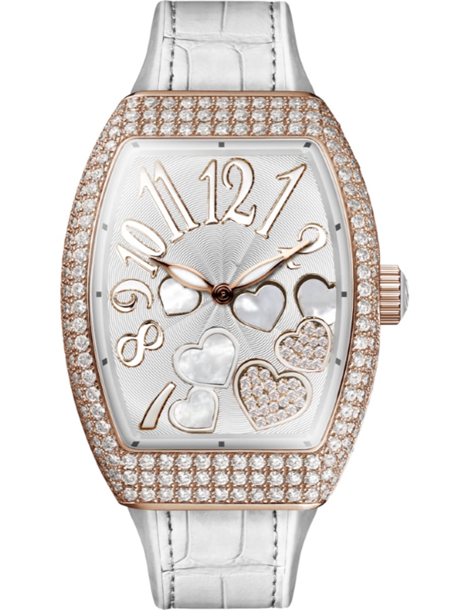 Vanguard Lady Heart 32mm in Rose Gold with Pave Diamond Case on White Alligator Leather Strap with Silver Diamond Dial