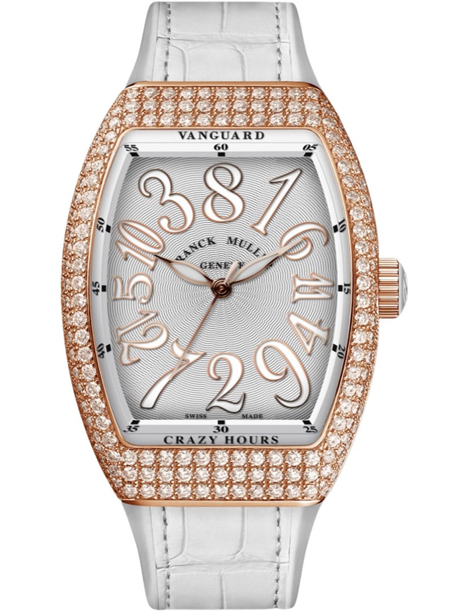 Vanguard Lady 32mm in Rose Gold with Pave Diamond Case on White Alligator Leather Strap with Silver Dial