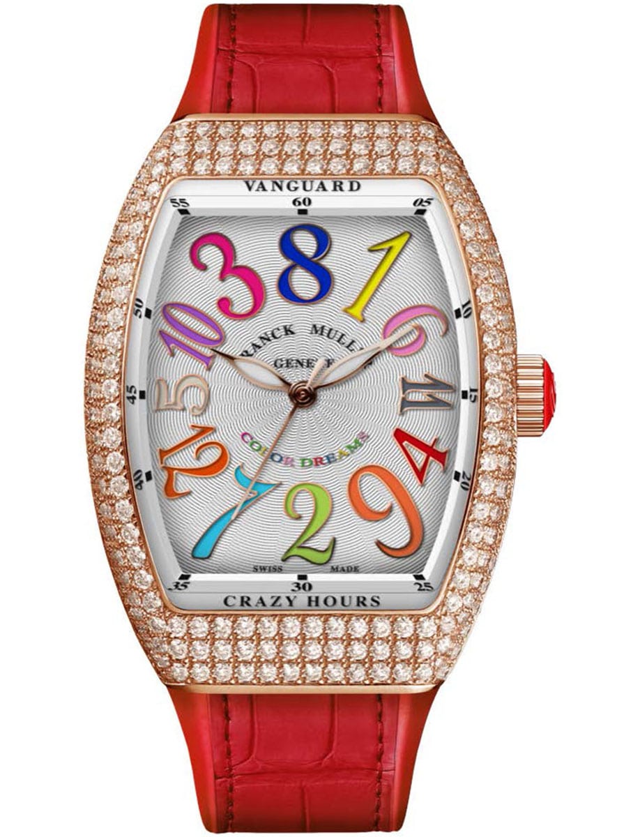 Vanguard Lady 32mm in Rose Gold with Pave Diamond Case on Red Alligator Leather Strap with Silver Dial