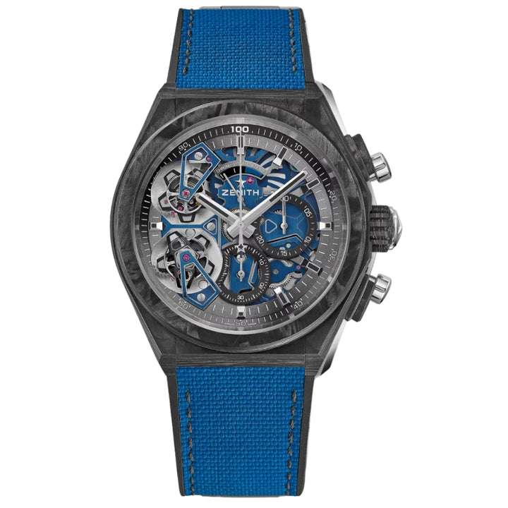 Defy Double Tourbillon 44mm Automatic in Black Carbon on Blue Rubber Strap with Skeleton Dial