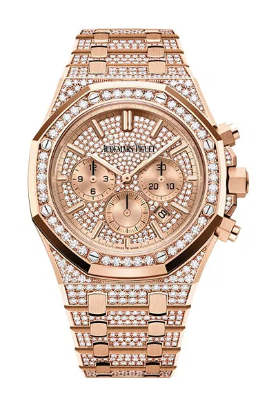 Royal Oak Chronograph in Rose Gold with Diamond Bezel on Rose Gold Diamond Braceelt with Pave Diamond Dial
