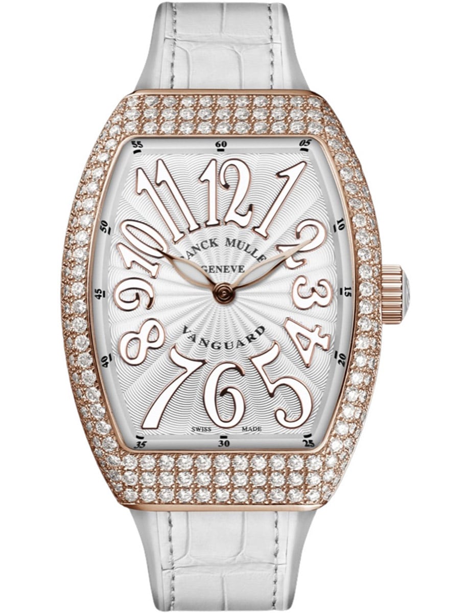 Vanguard Lady 32mm in Rose Gold with Pave Diamond Case on White Alligator Leather Strap with Silver Dial