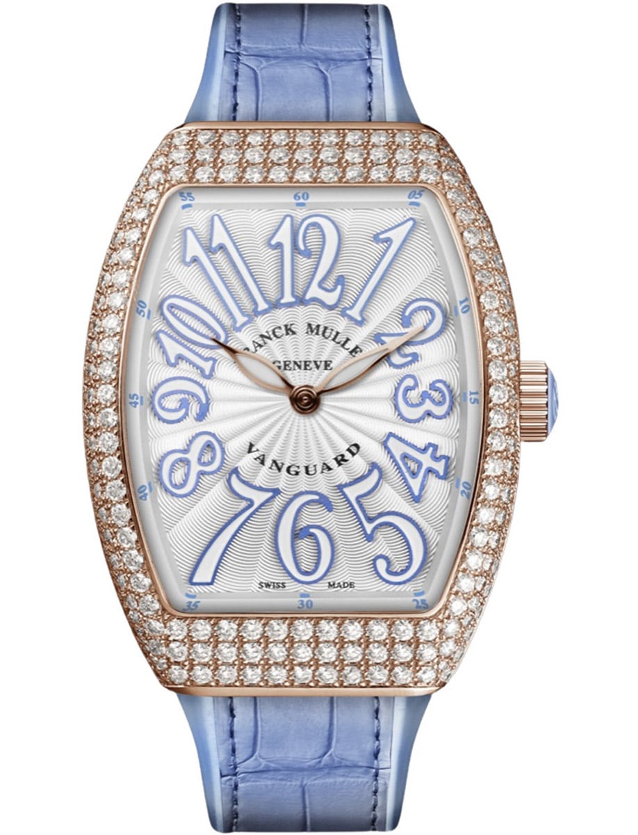 Vanguard Lady 32mm in Rose Gold with Pave Diamond Case on Blue Alligator Leather Strap with Silver Dial