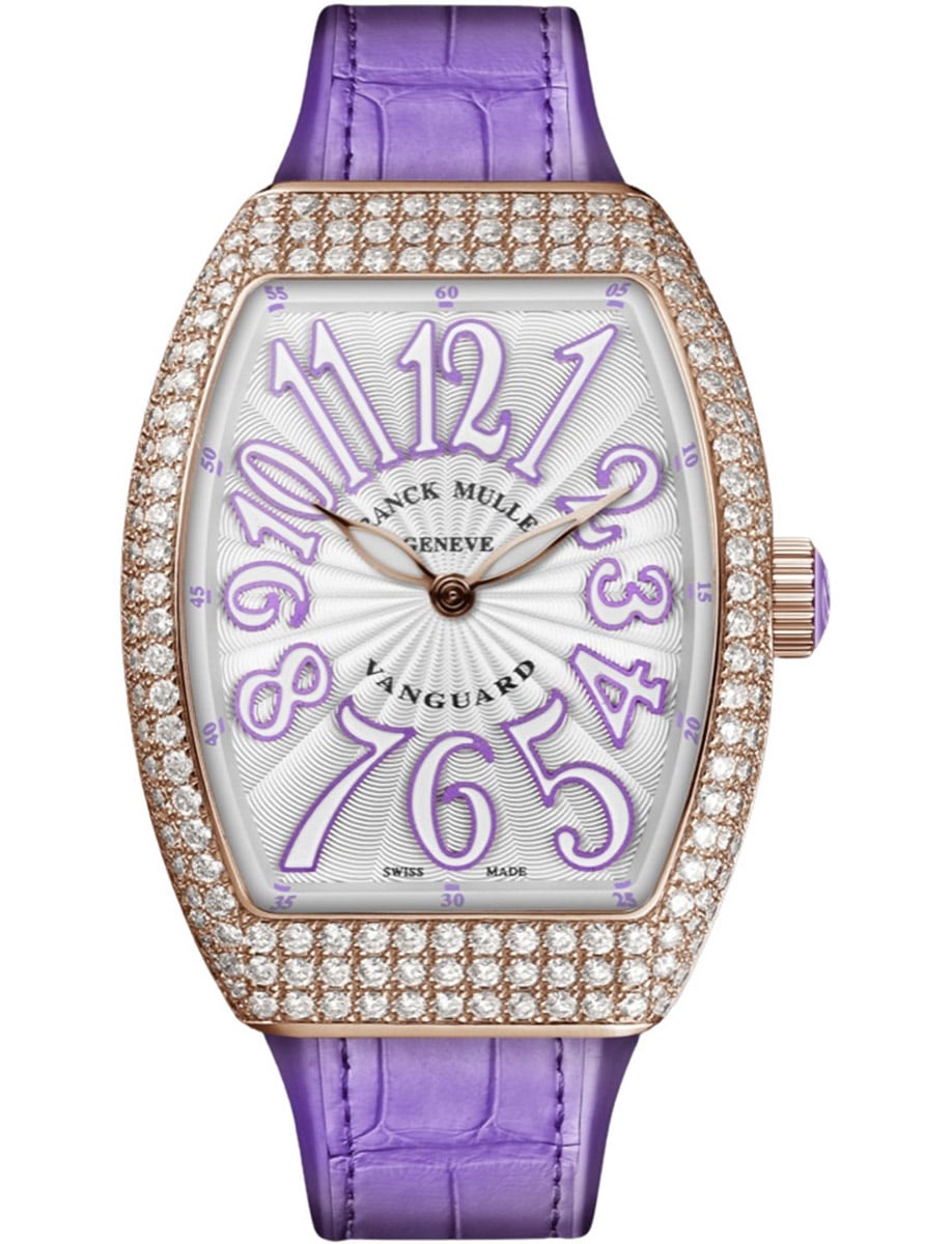 Vanguard Lady 32mm in Rose Gold with Pave Diamond Case on Purple Alligator Leather Strap with Silver Dial
