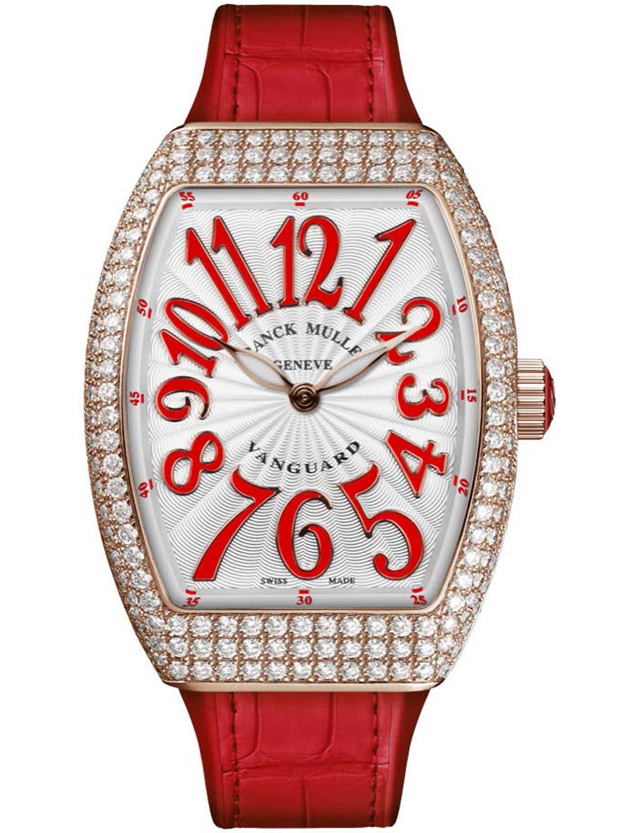 Vanguard Lady 32mm in Rose Gold with Pave Diamond Case on Red Alligator Leather Strap with Silver Dial