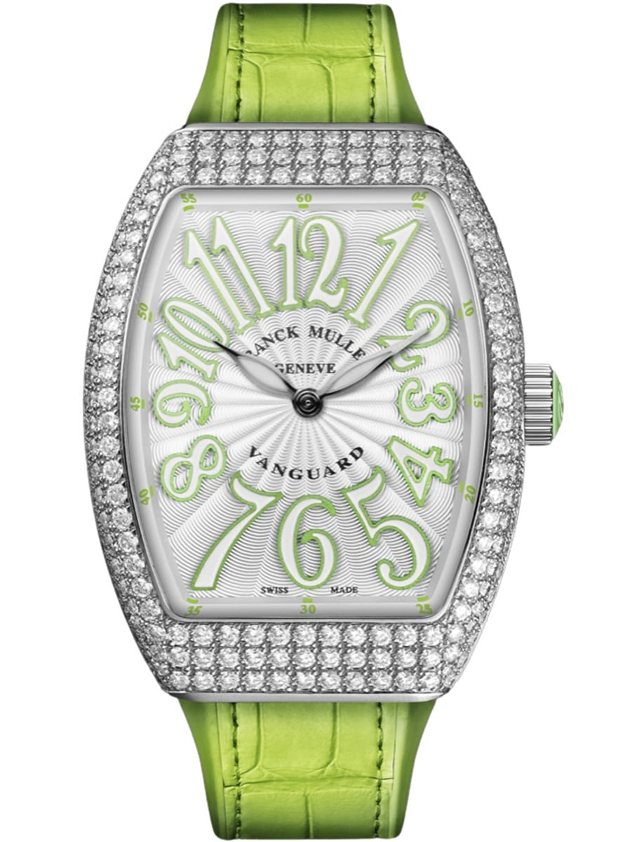 Vanguard Lady 32mm in Steel with Pave Diamond Case on Lime Green Alligator Leather Strap with Silver Dial