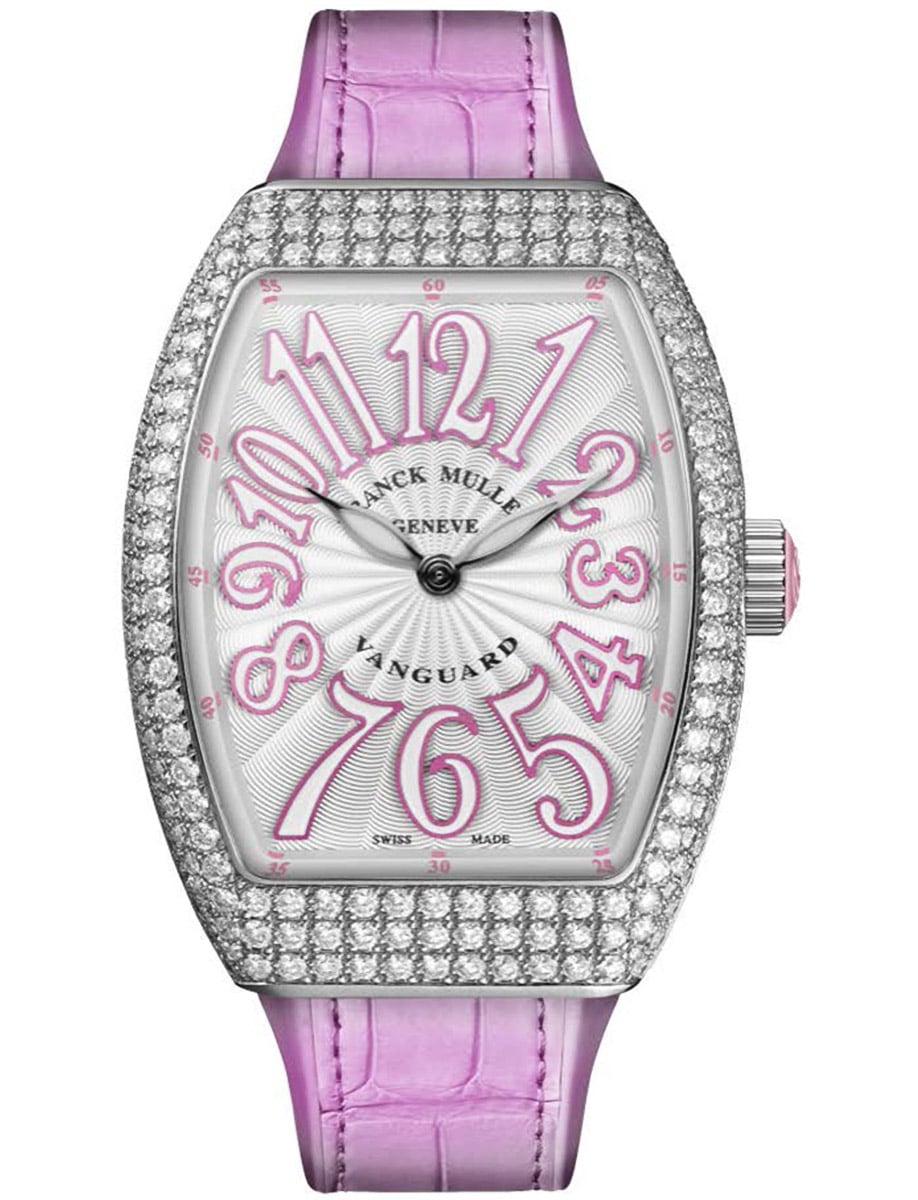 Vanguard Lady 32mm in Steel with Pave Diamond Case on Pink Alligator Leather Strap with Silver Dial