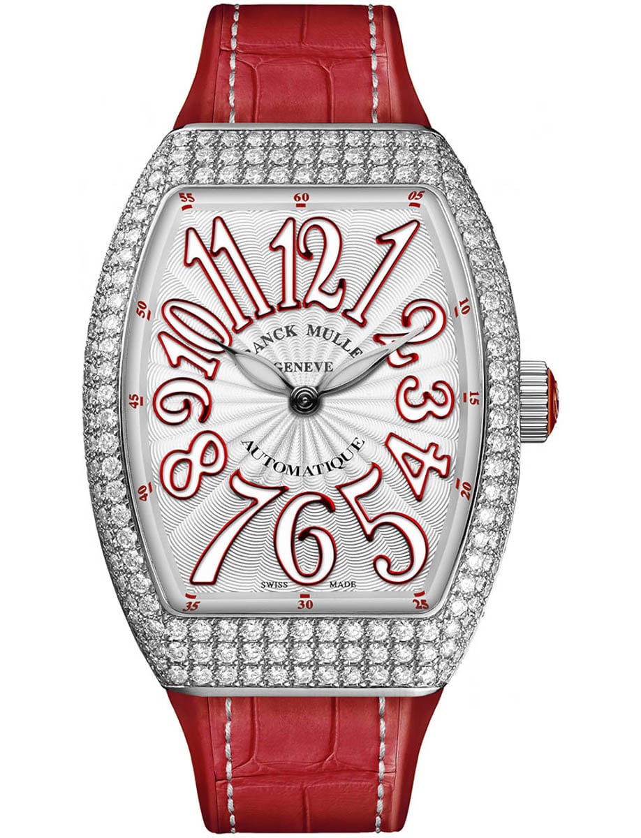 Vanguard Lady 32mm in Steel with Pave Diamond Case on Red Alligator Leather Strap with Silver Dial