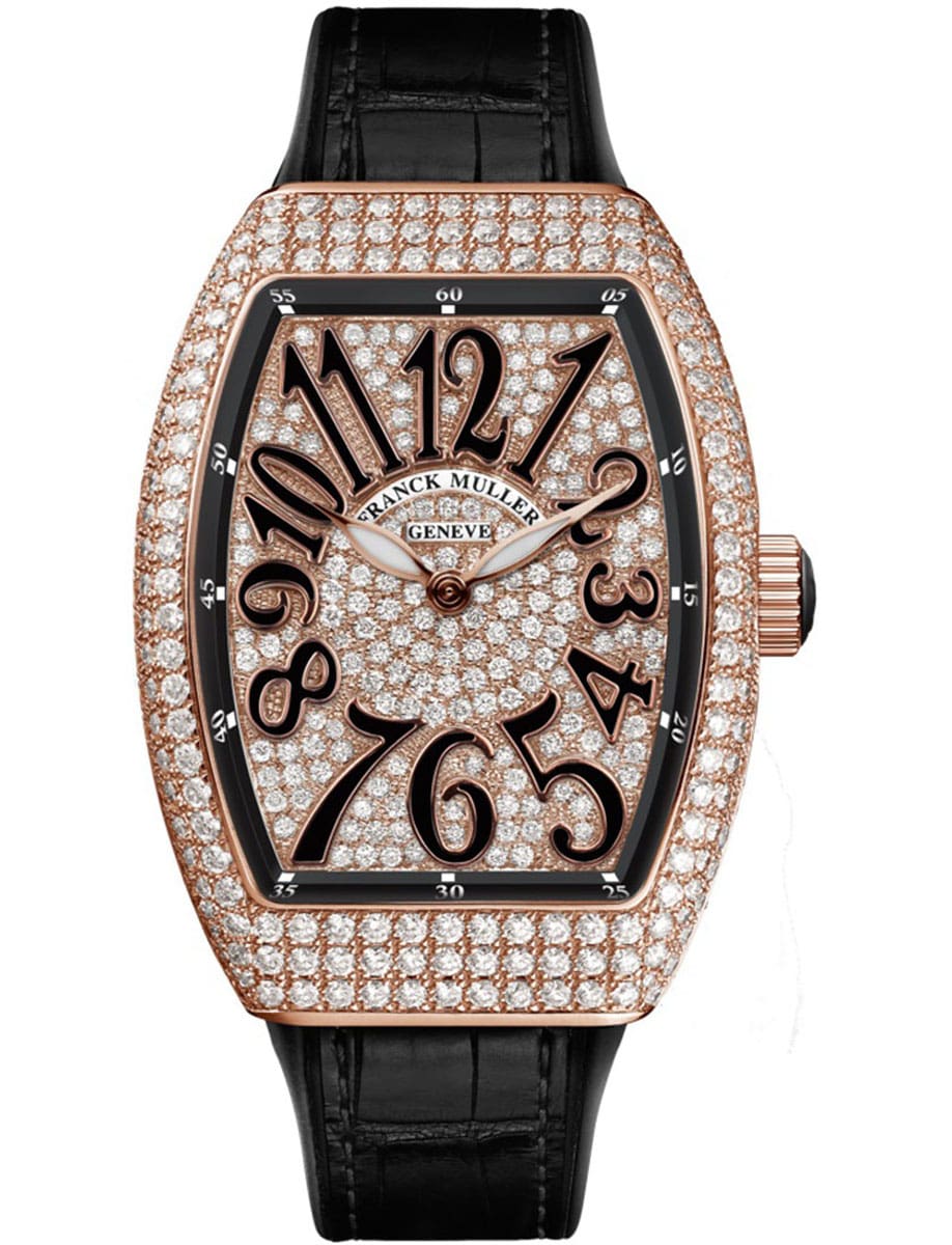 Vanguard Lady 32mm in Rose Gold with Pave Diamond Case on Black Alligator Leather Strap with Pave Diamond Dial