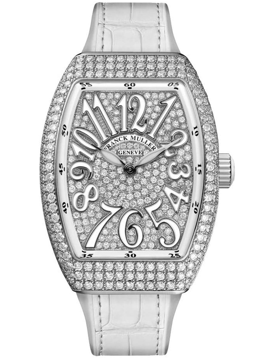 Vanguard Lady 32mm in Steel with Pave Diamond Case on White Alligator Leather Strap with Pave Diamond Dial