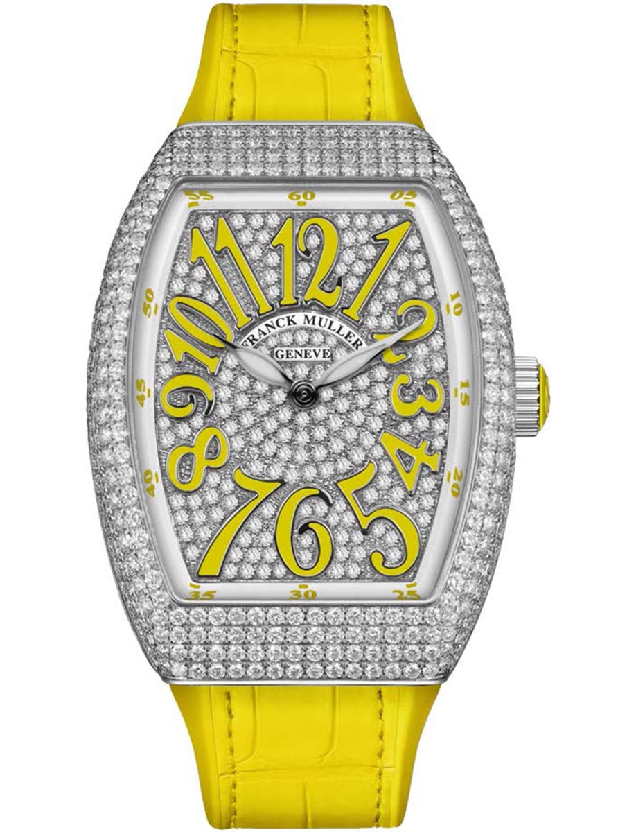 Vanguard Lady 32mm in Steel with Pave Diamond Case on Yellow Alligator Leather Strap with Pave Diamond Dial