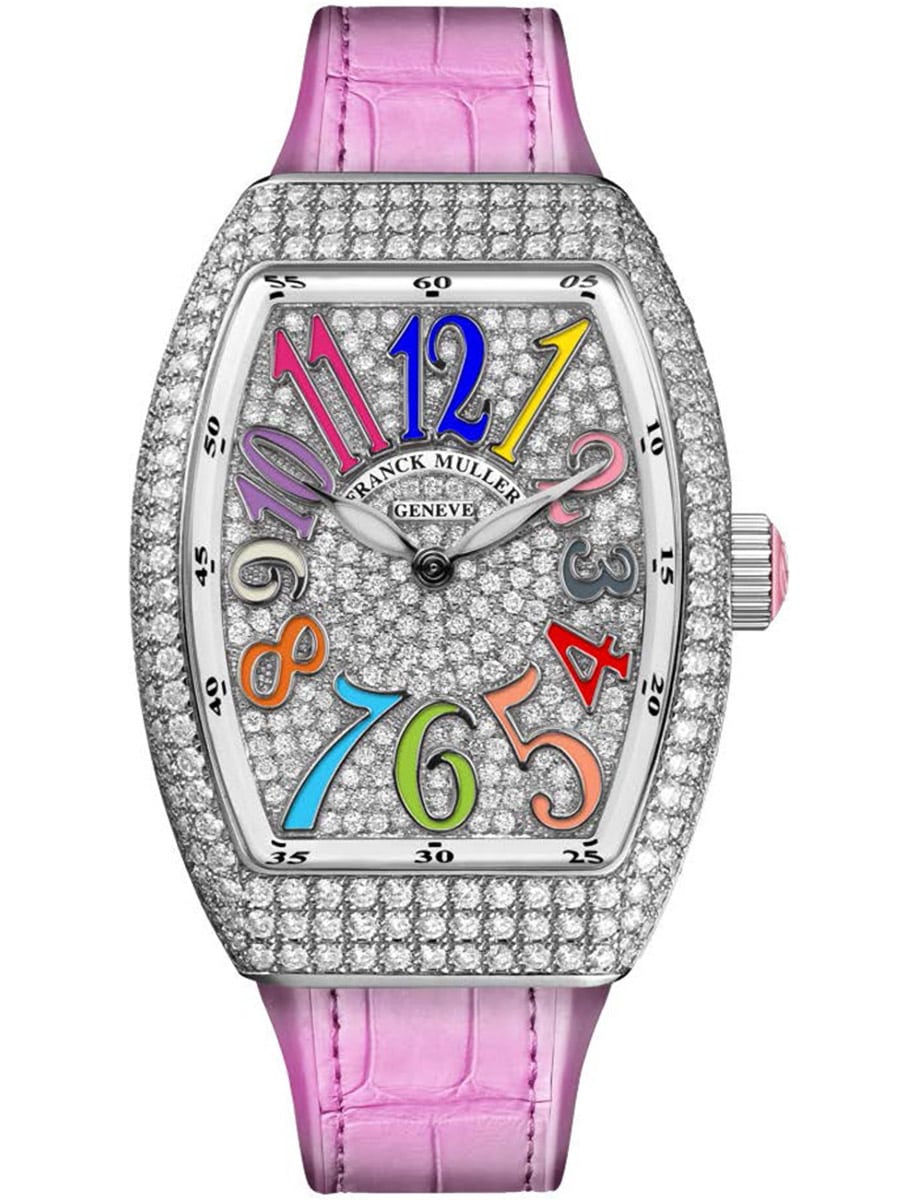 Vanguard Lady 32mm in Steel with Pave Diamond Case on Pink Alligator Leather Strap with Pave Diamond Dial