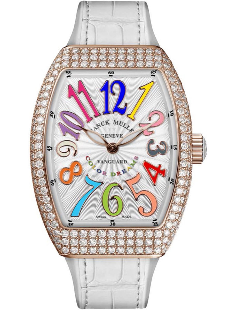 Vanguard Lady 32mm in Rose Gold with Pave Diamond Case on White Alligator Leather Strap with Silver Dial